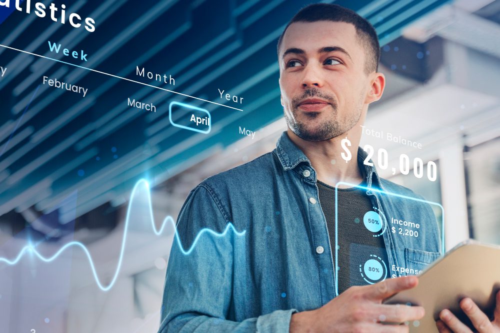 Close-up of a man looking up, with a subtle digital interface overlay.