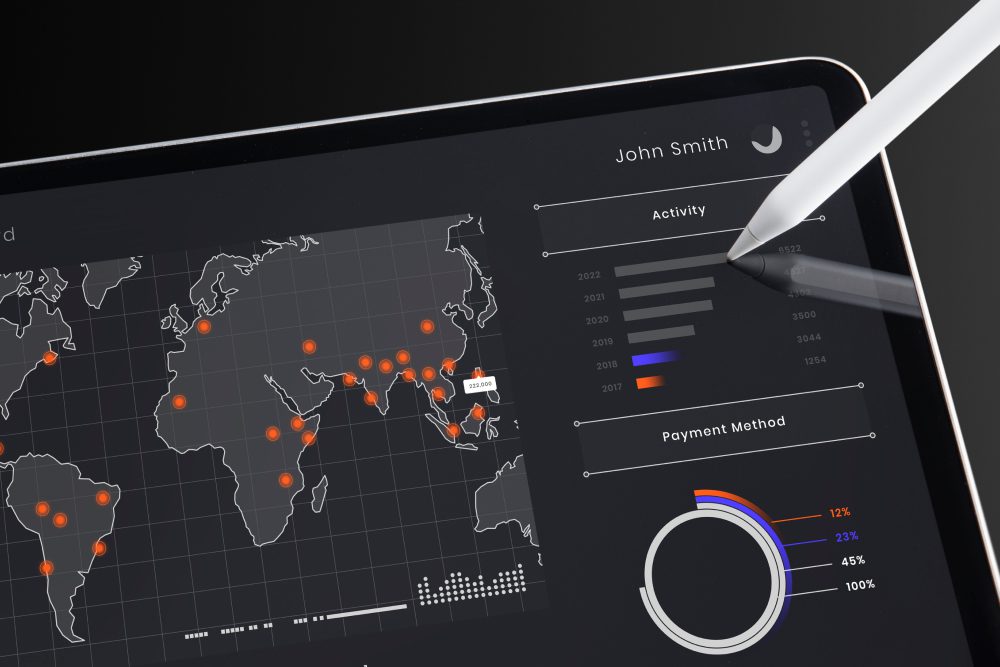 Digital screen displaying a world map and business data dashboards.