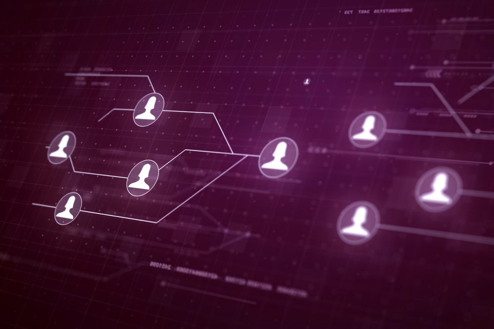 Abstract dark background with glowing red network lines and connected user icons.