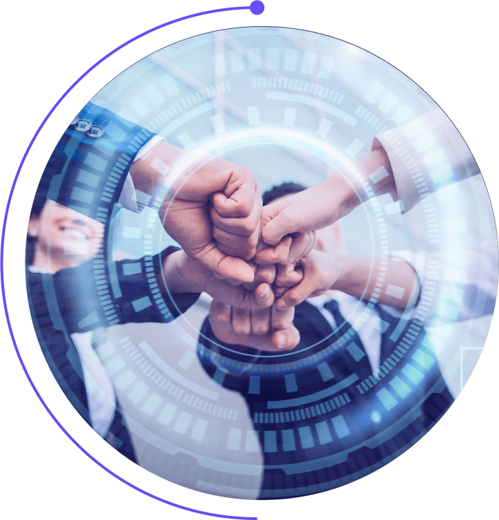 Abstract image of interlocking hands inside a futuristic ring (teamwork/global partnership).