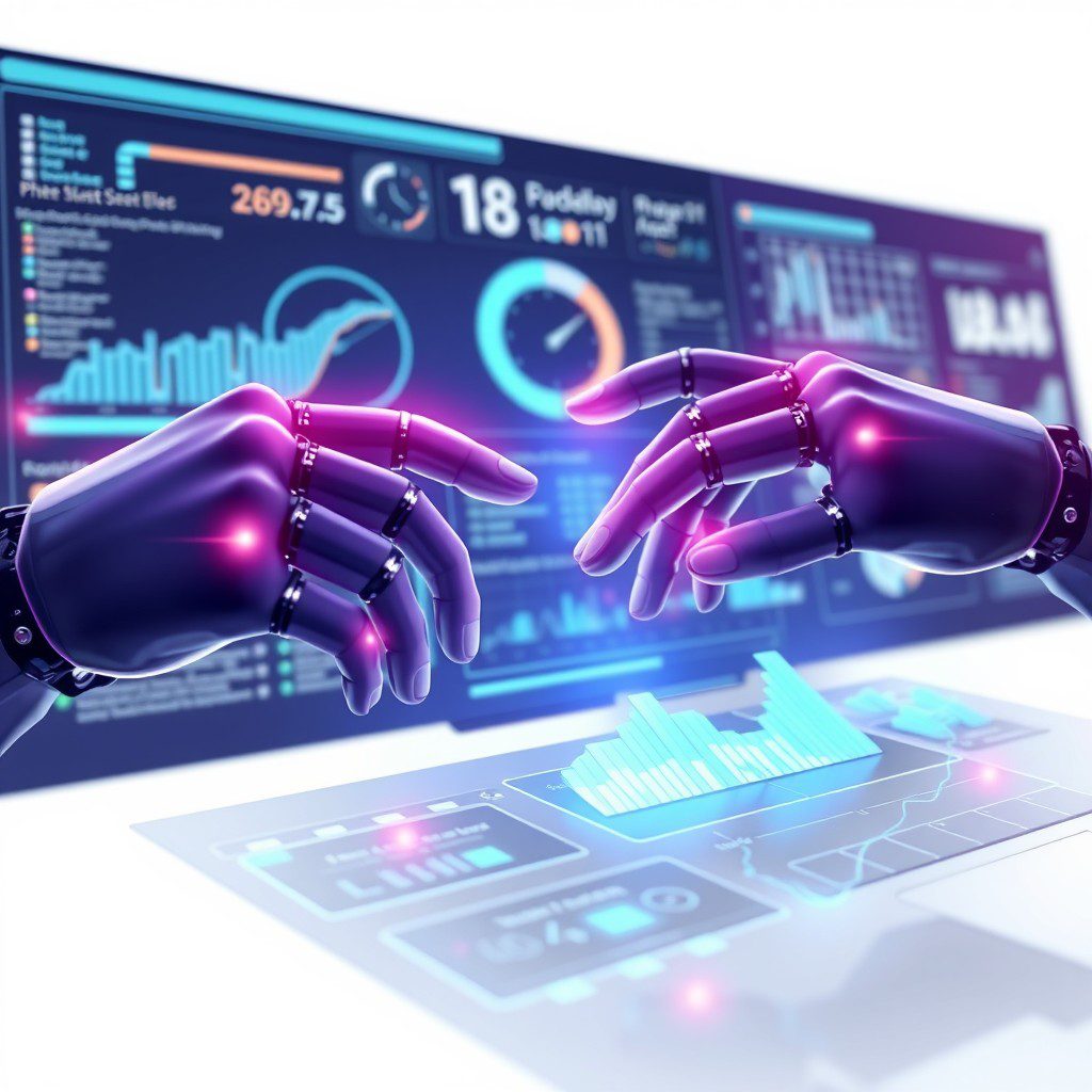 Hands interacting with a futuristic, holographic touchscreen displaying data.