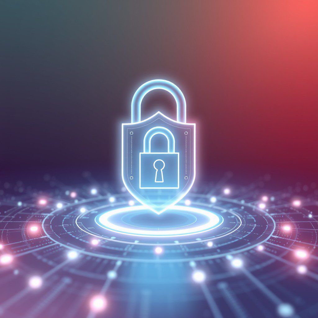 Glowing digital lock icon surrounded by a network of connected data points.