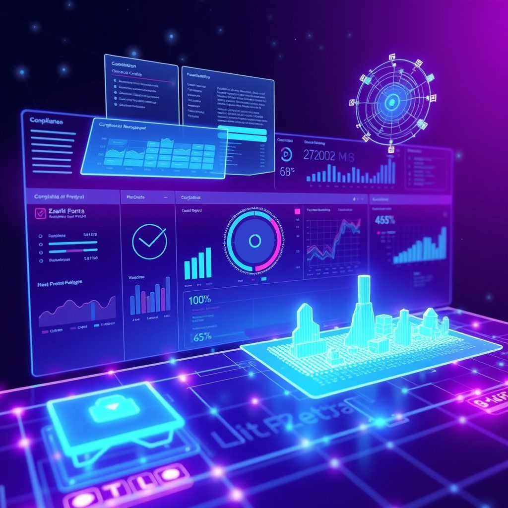 Abstract dashboard with glowing graphs and data points in a futuristic setting.