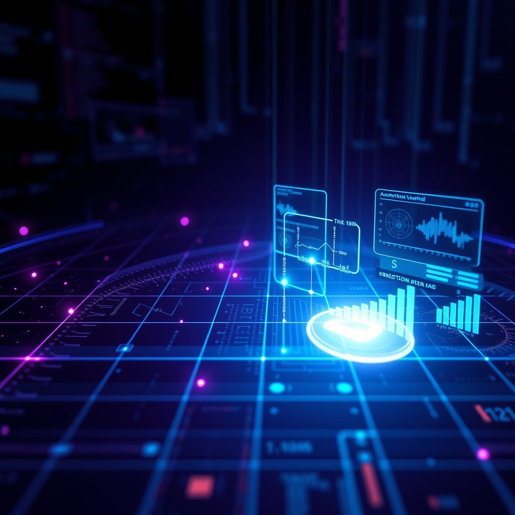 Digital road or data flow perspective with blue grid lines.