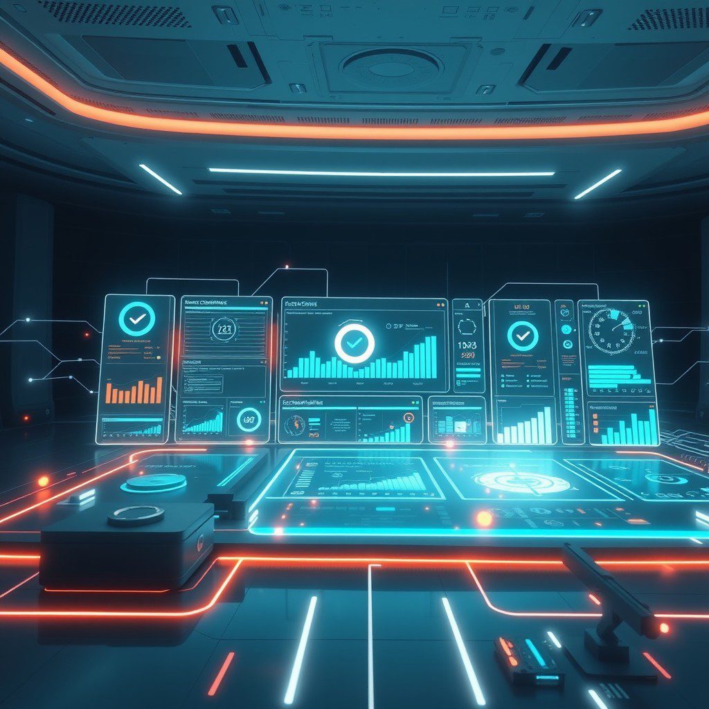 Interior of a neon-lit, futuristic control room with multiple screens.