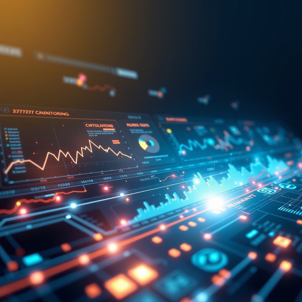 Futuristic digital landscape with bright blue and orange connecting lines.