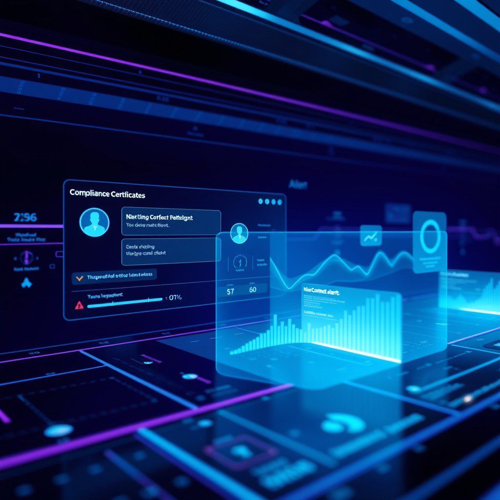 Abstract digital background with blue light trails and holographic interfaces.