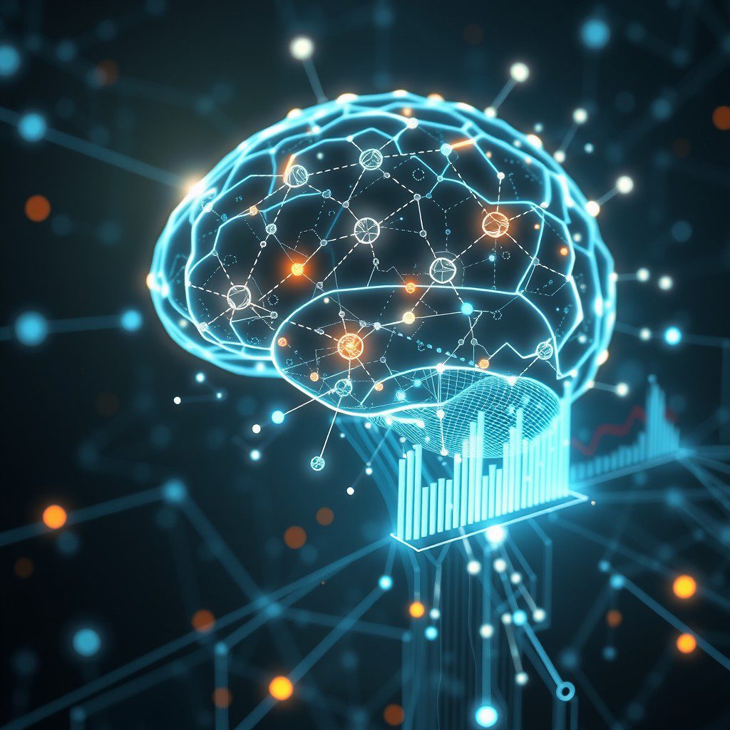 Abstract illustration of a glowing human brain made of interconnected data points.