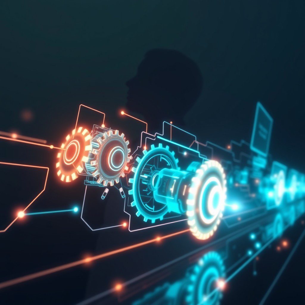 Futuristic interface with glowing circuits and data points on a dark background.