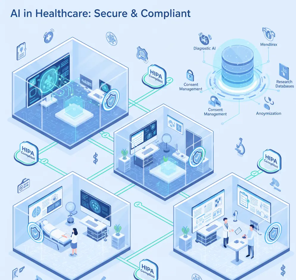 Isometric healthcare facility with digital overlays.