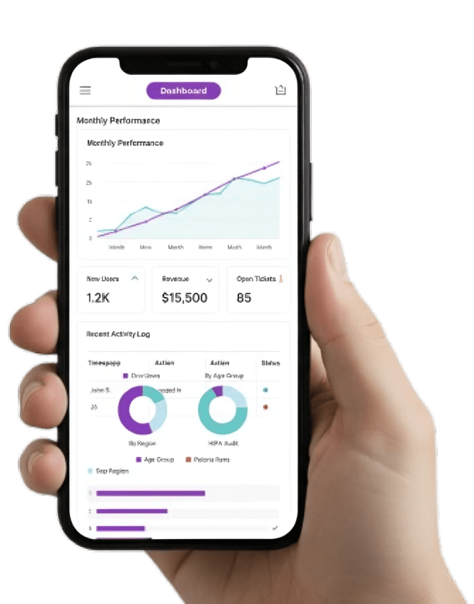 Hand grabbing a phone showing the dashboar of the app.