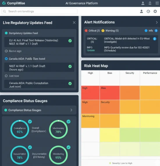 Risk management dashboard with heat map and gauges.